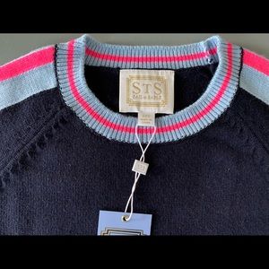 Navy Wool-blend Sail to Sable sweater- Striped Pink & Light Blue detail - NWT